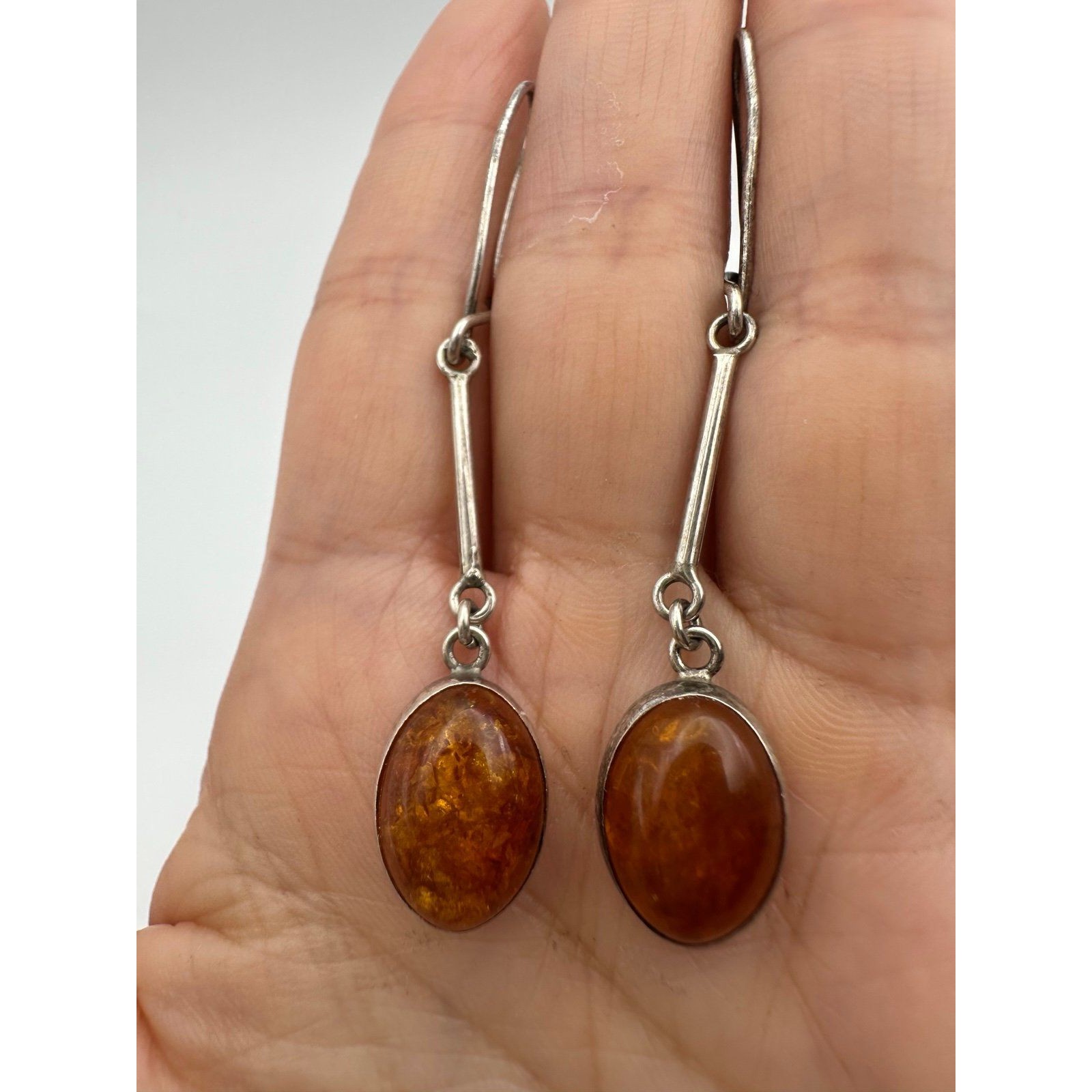 Vintage Sterling Silver Natural Amber Dangle Earrings 54$